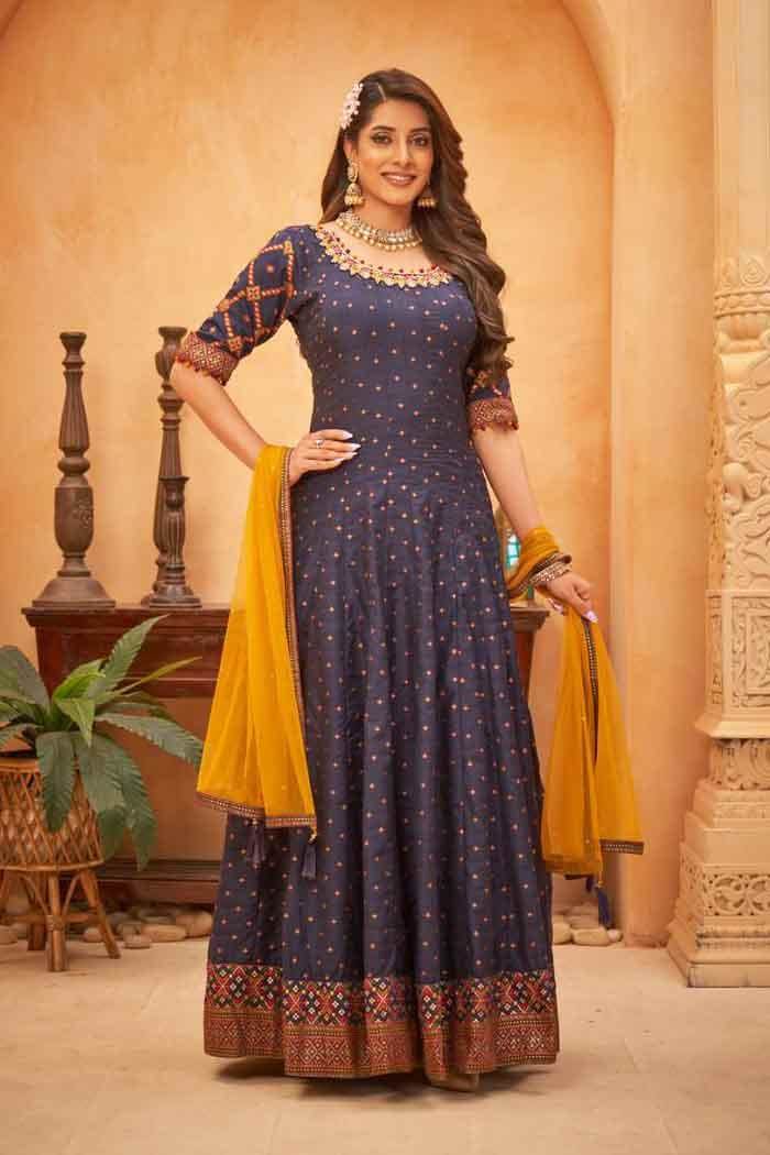 Navy Blue Faux Blooming Gown | Gown with dupatta, Gowns, Modest evening  dress