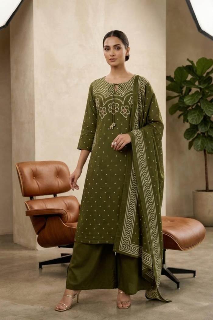 Green Colour Bandhani Print Pure Cotton Kurti Set With Dupatta