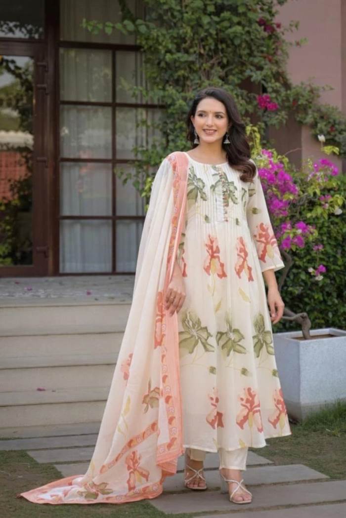 Offwhite Colour Floral Print Anarkali Style Kurti Set With Dupatta