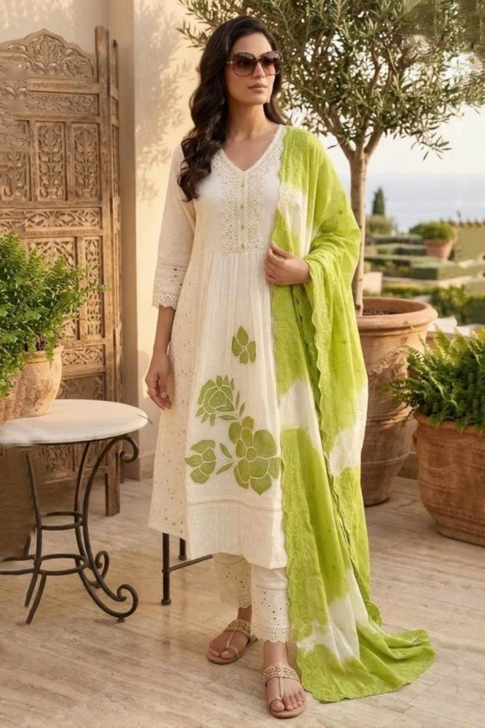 Offwhite & Perrot Dual Colour Combination Beautiful Kurti Set With Dupatta