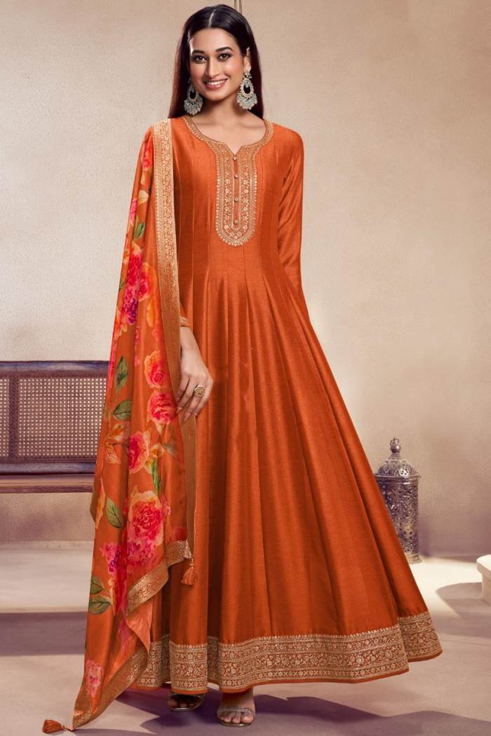 Rust Color Party Wear Designer Anarkali Style Kurti Pent with Printed Dupatta