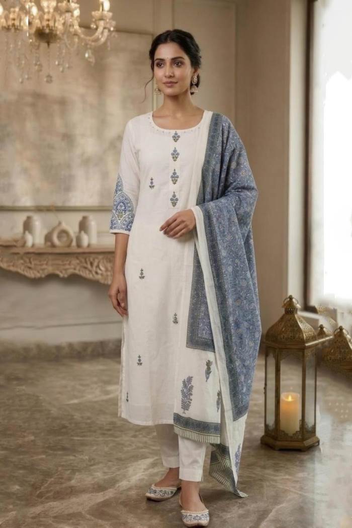 Blue & White Colour Pure Cotton Kurti Set With Dupatta