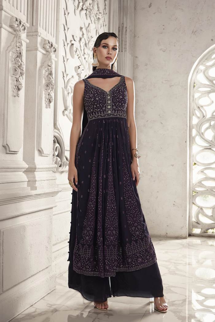 Wine Color Party Wear Designer Indo-Western Plazo Suit