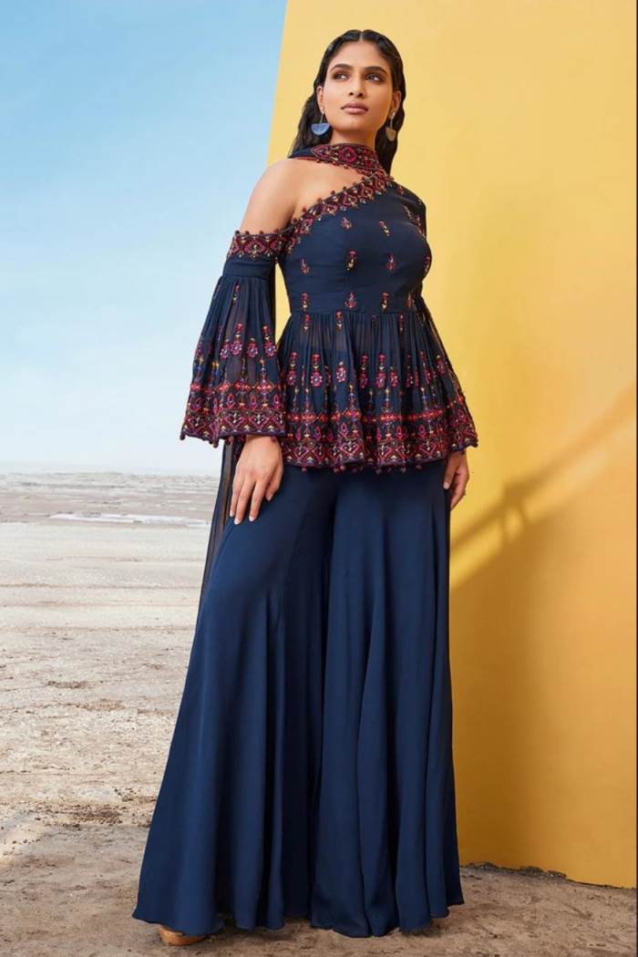 Blue Color Party Wear Designer Indo-Western Plaazo Suit