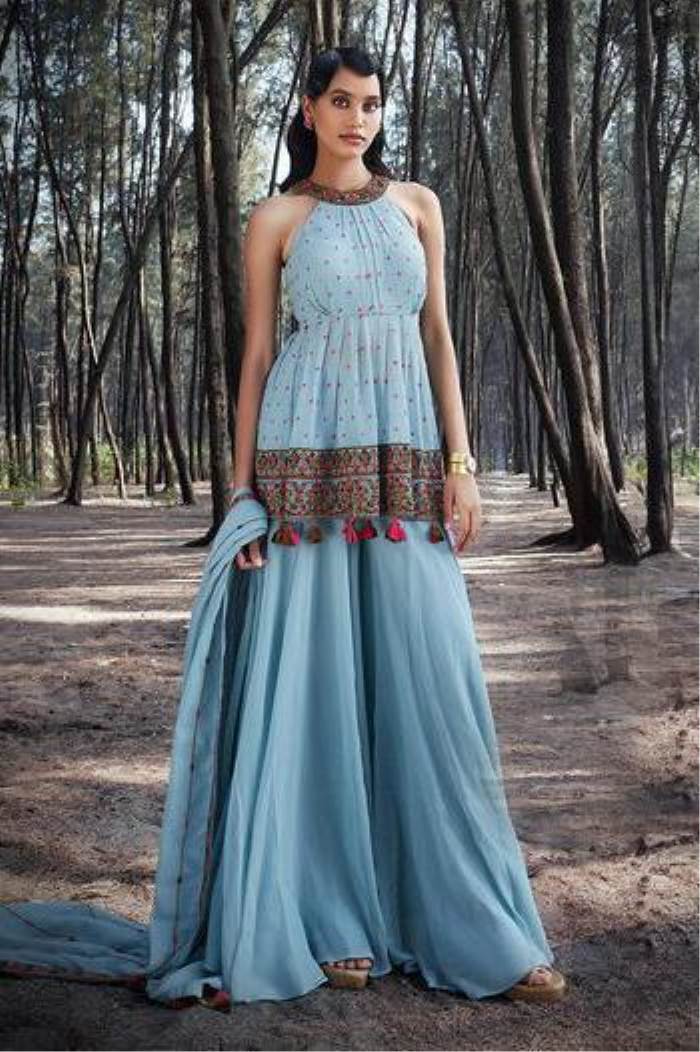 Sky Color Party Wear Designer Indo-Western Plaazo Suit