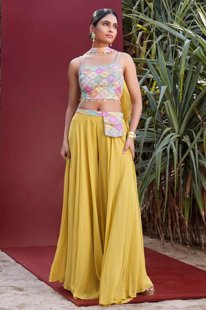 Yellow Color Party Wear Designer Indo-Western Plaazo With Choli