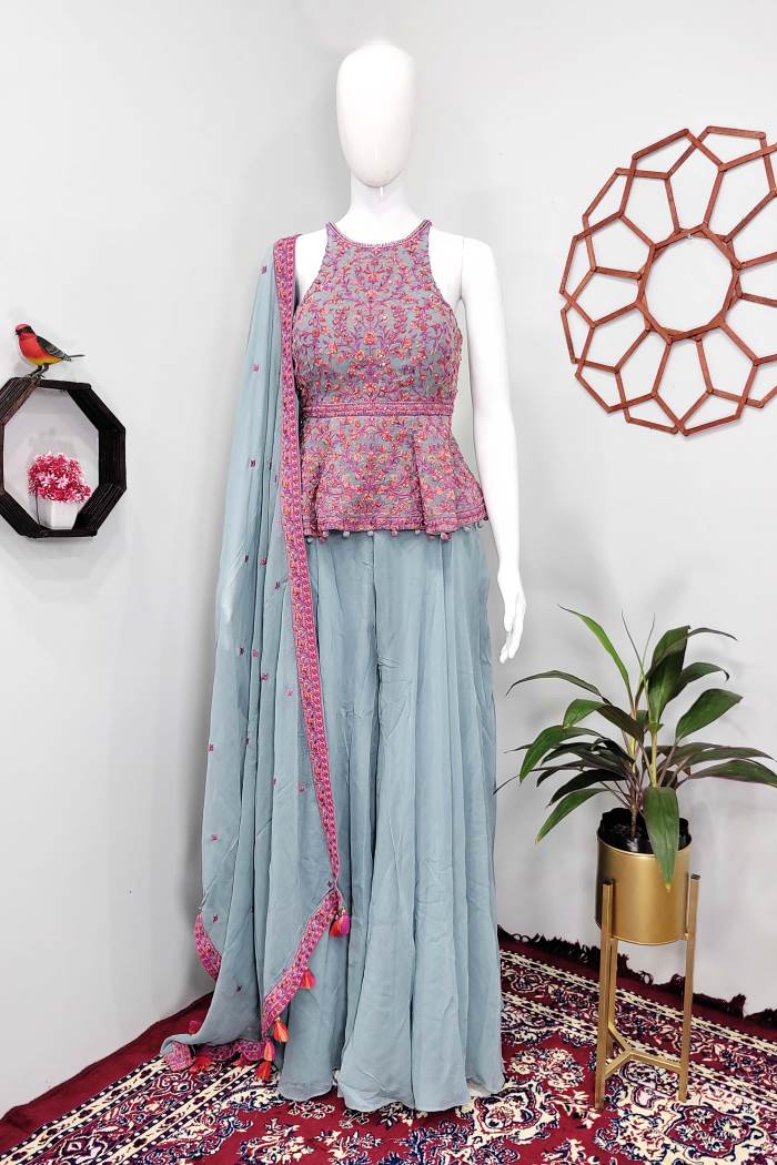 Blue Color Party Wear Designer Indo-Western Plaazo Suit