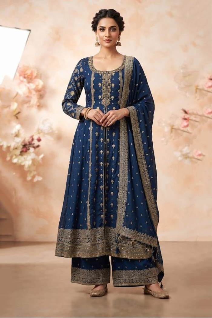Blue Colour Designer Party Wear Plazo Suit