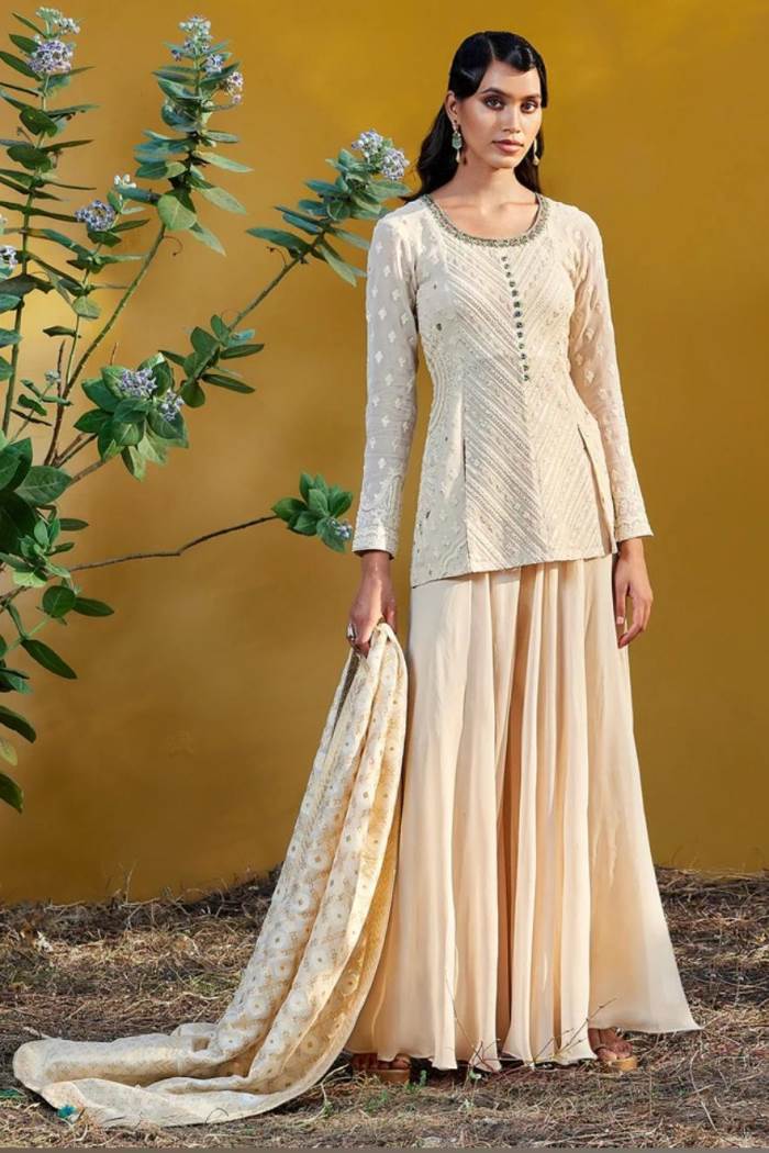 Cream Color Party Wear Designer Indo-Western Plaazo Suit