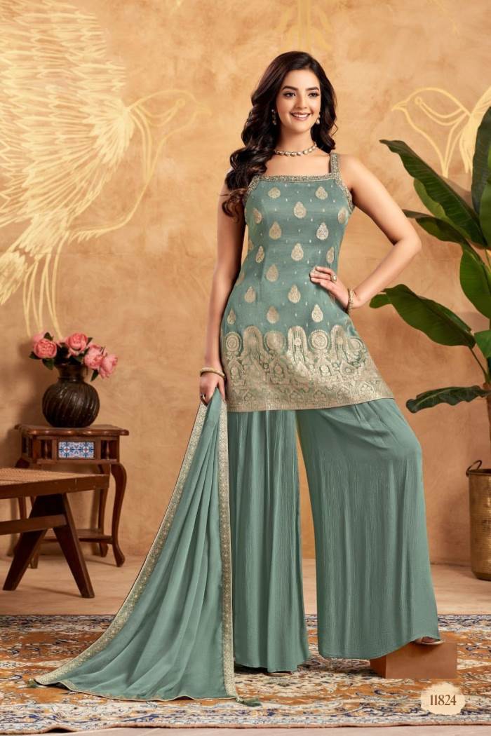 Green Color Party Wear Designer Indo-Western Plazo Suit