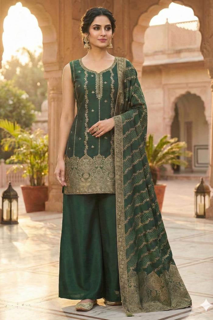 Bottel Green Color Party Wear Designer Indo-Western Plazo Suit