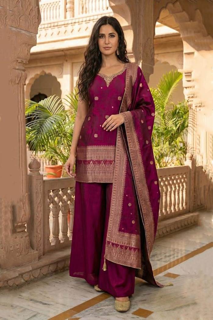 Wine Color Party Wear Designer Indo-Western Plazo Suit