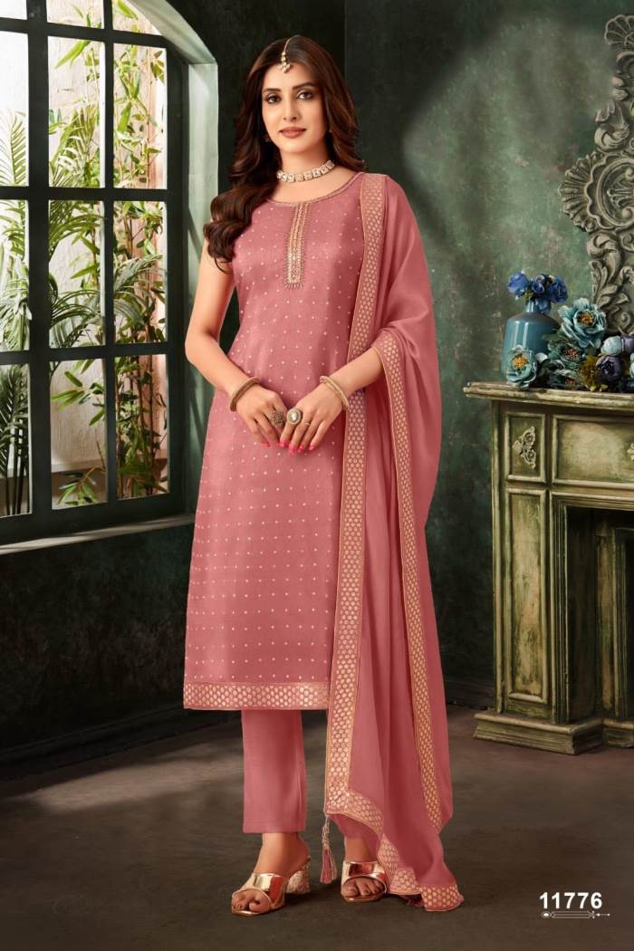 Peach Color Party Wear Straight Long Suit