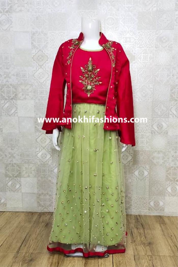 Red and Pista Color Combination Party Wear Crop Top