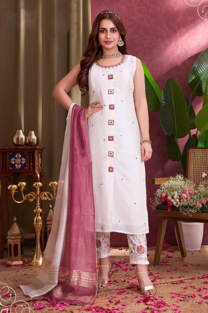 White Color Party Wear Designer Straight Long Suit
