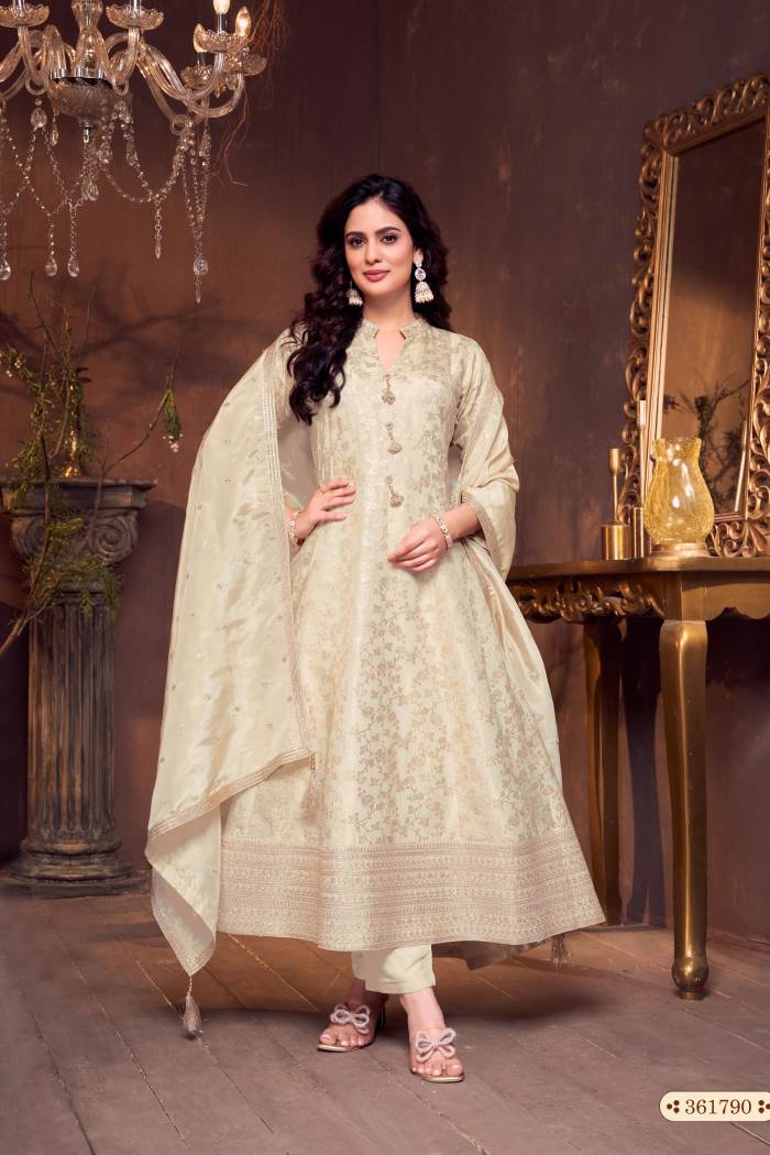 Cream Color Party Wear Designer Anarkali Style Salwar Suit
