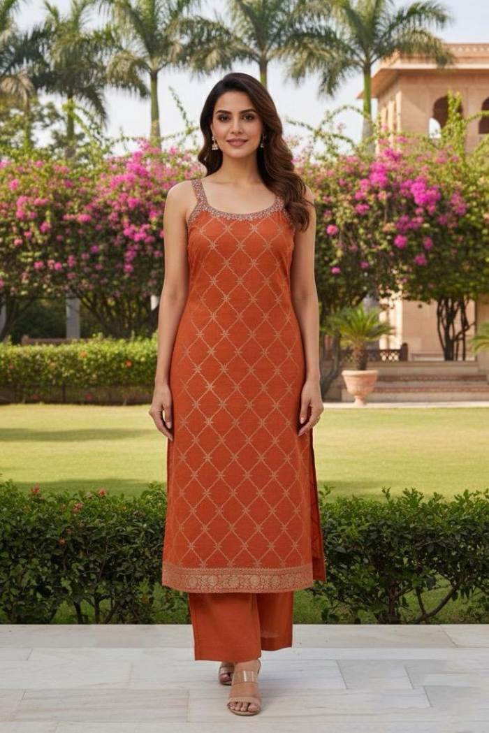 Orange Color Party Wear Designer Straight Long Suit