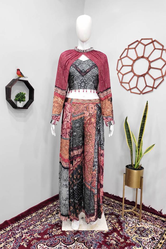 Maroon Color Party Wear Designer Indo-Western Plazo Suit