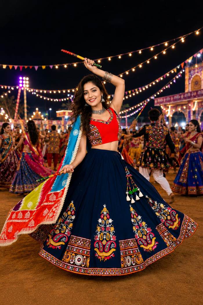 Toamato & Navy Blue Colour Traditional Navratri Collection Chaniya Choli With Vintage Dupatta