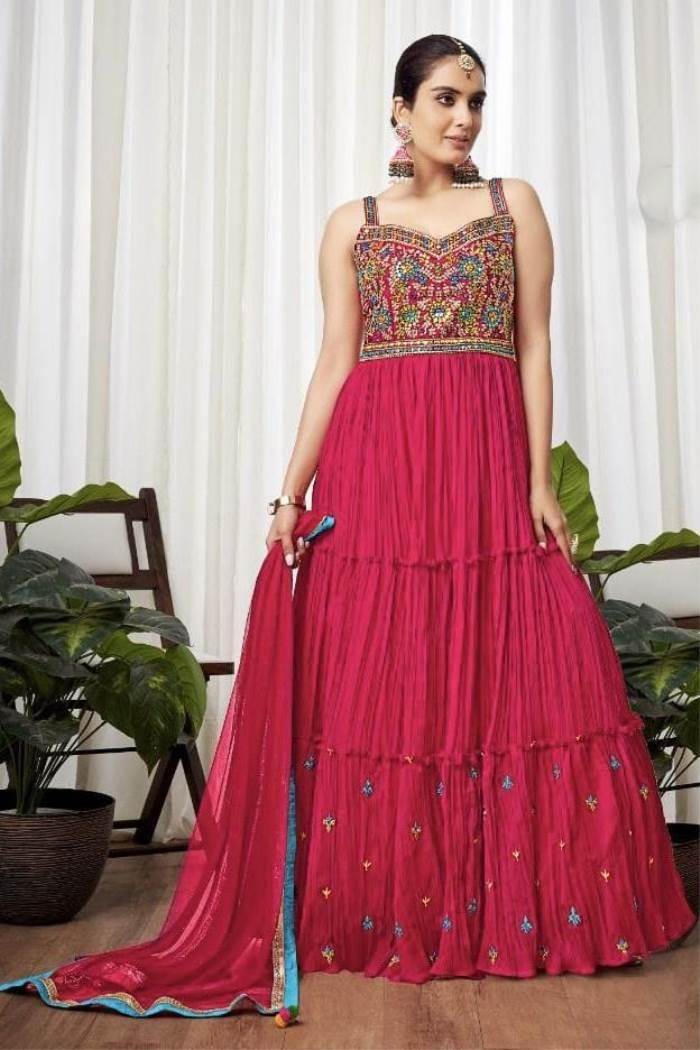 Red Color Patola And Foil Printed Dola Silk Gown