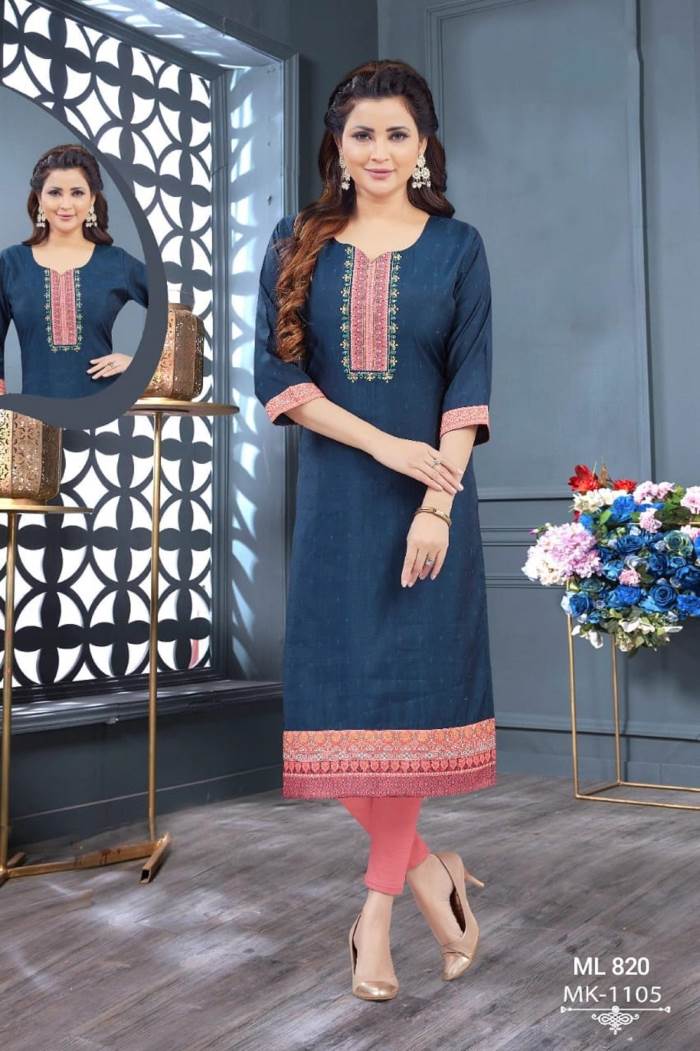 Navy Color Pure Cotton Casual Wear Straight Kurti 