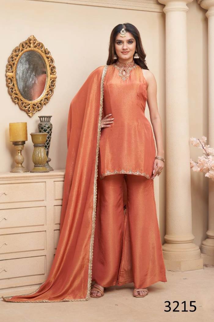 Rust Color Party Wear Designer Indo-Western Plazo Suit