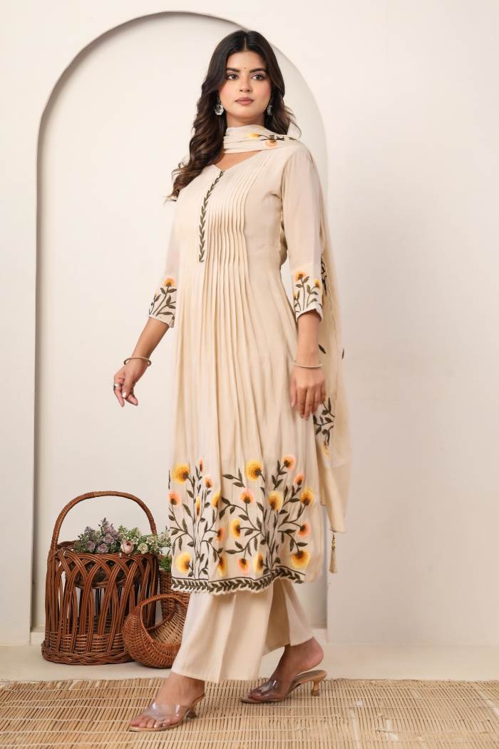 Cream Color Designer Anarkali Style Kurti Set