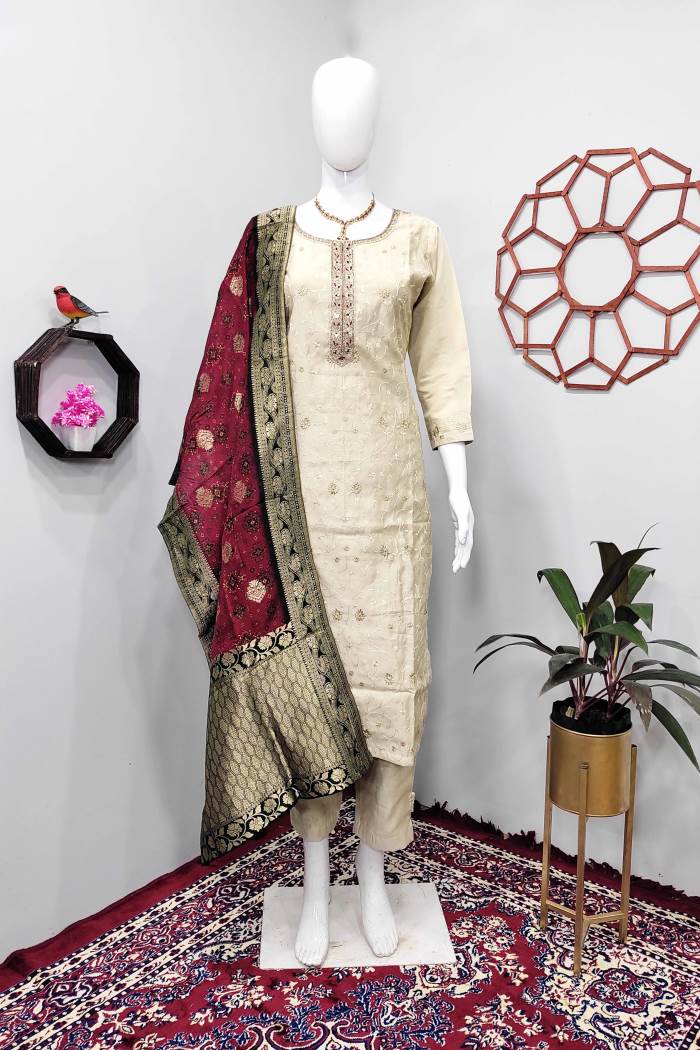 Cream Color Party Wear Designer Straight Long Suit