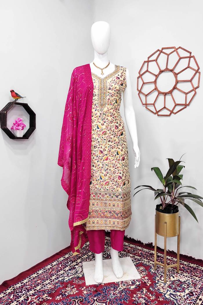 Cream Color Party Wear Designer Straight Long Suit