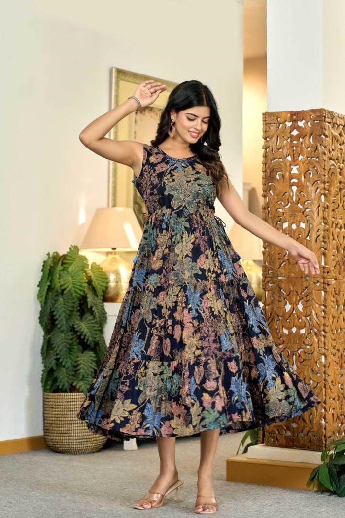 Navy Color Casual Wear Printed Gown Kurti