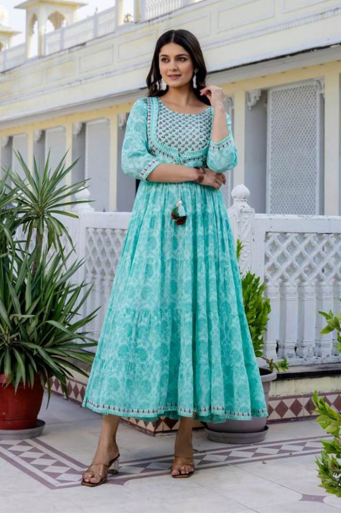 Sea Green Color Casual Wear Printed Gown Kurti