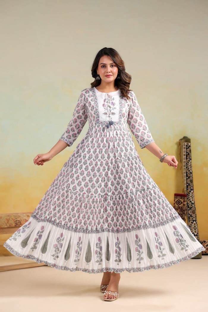 White Color Casual Collection Printed Gown Kurti