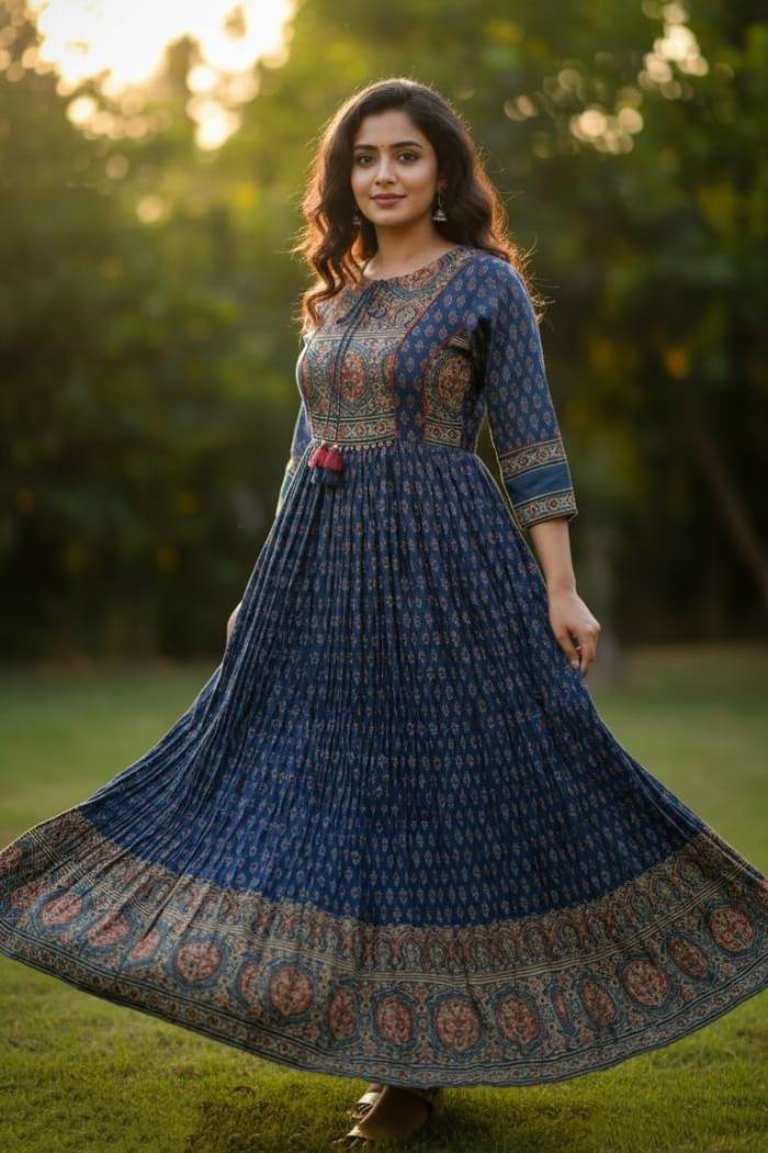Blue Color Casual Collection Printed Gown Kurti