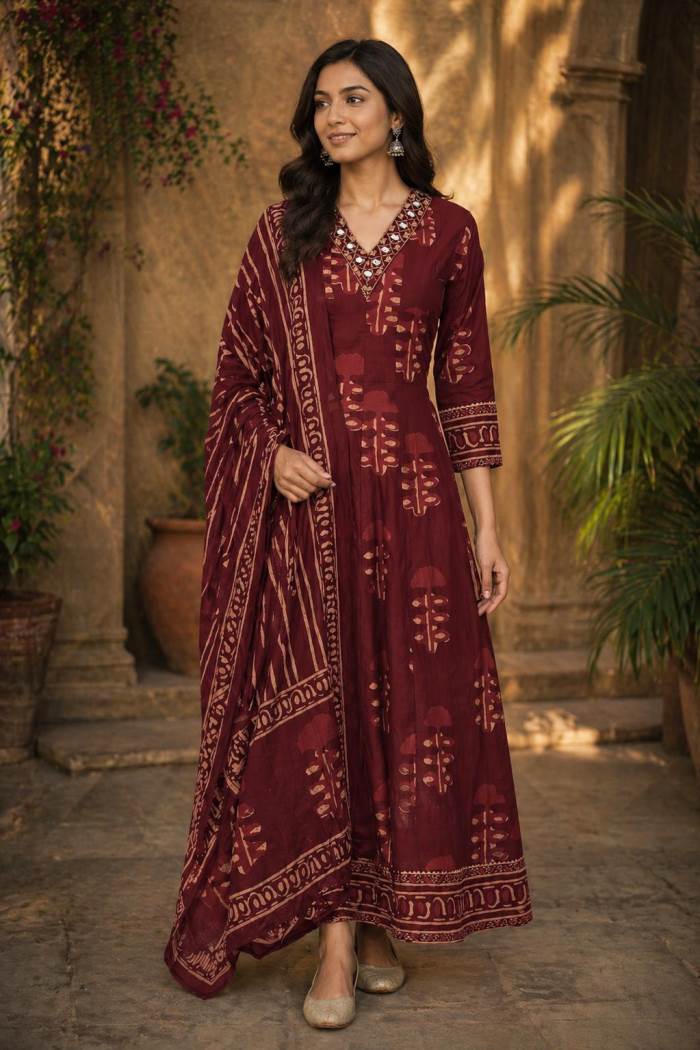 Maroon Colour Pure Cotton Gown Kurti With Dupatta
