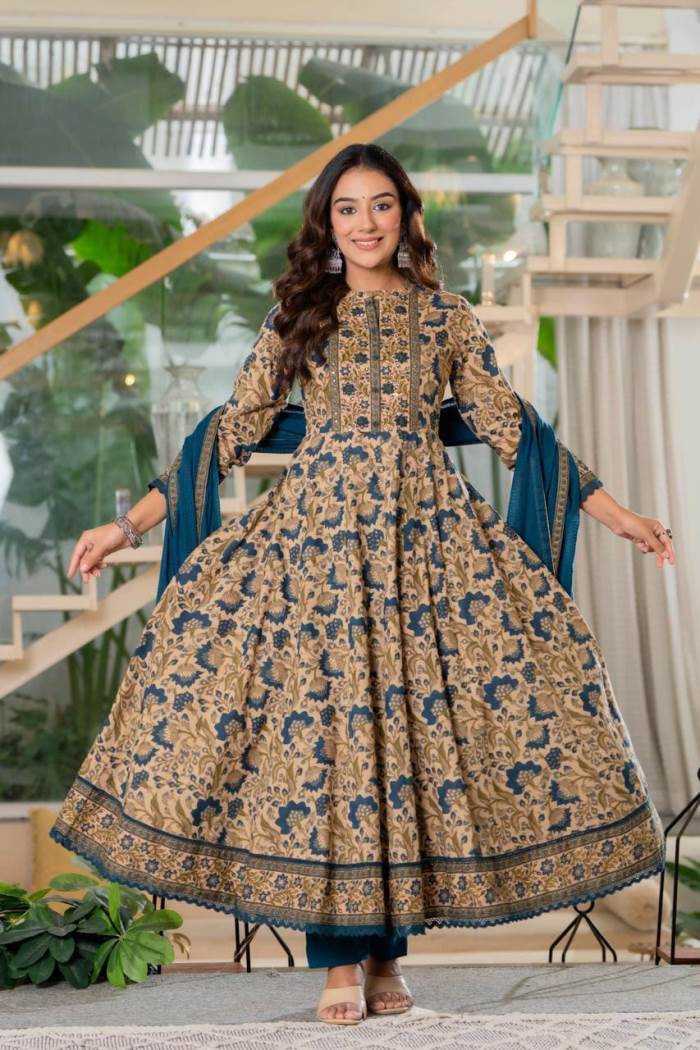 Peocock Colour Designer Anarkali Style Kurti Set With Dupatta