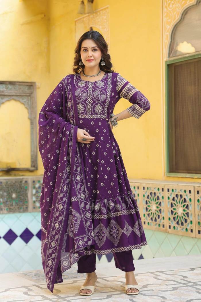 Purple Color Printed Cotton Classy Kurti Set With Dupatta