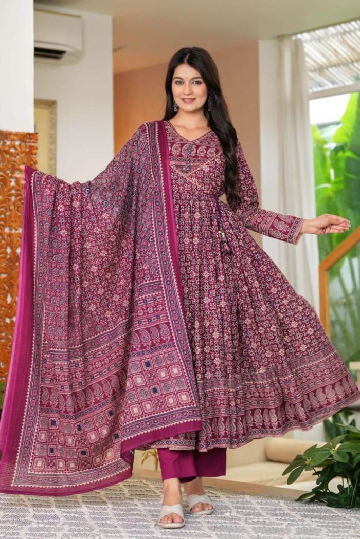 Wine Color Casual Collection Anarkali Style Kurti Set