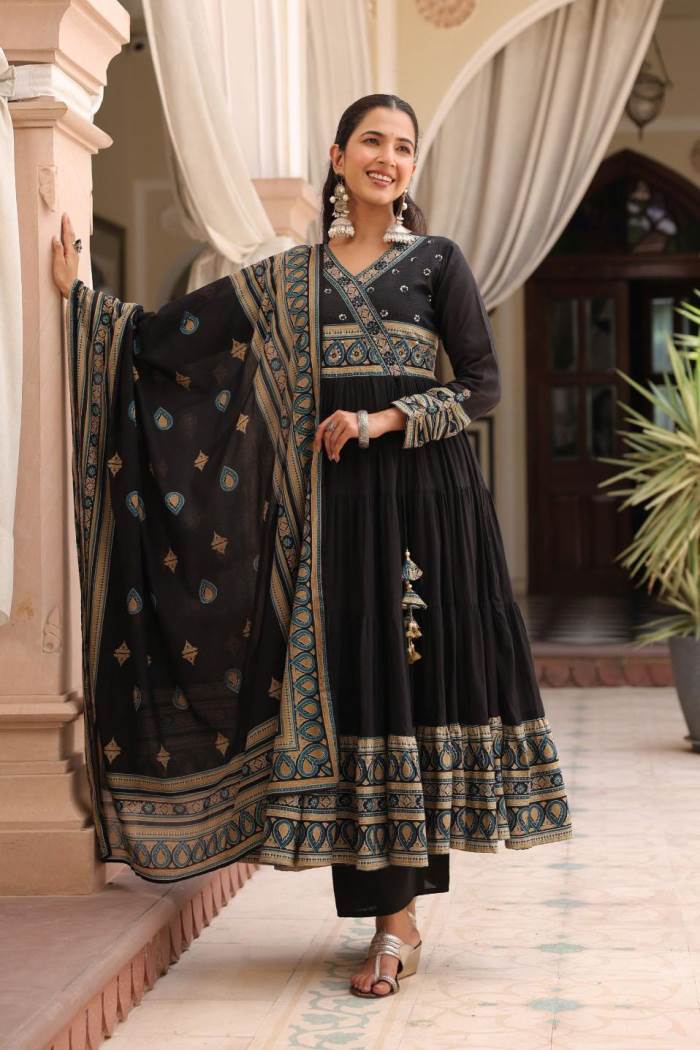 Black Colour Designer Anarkali Style Kurti Set With Dupatta