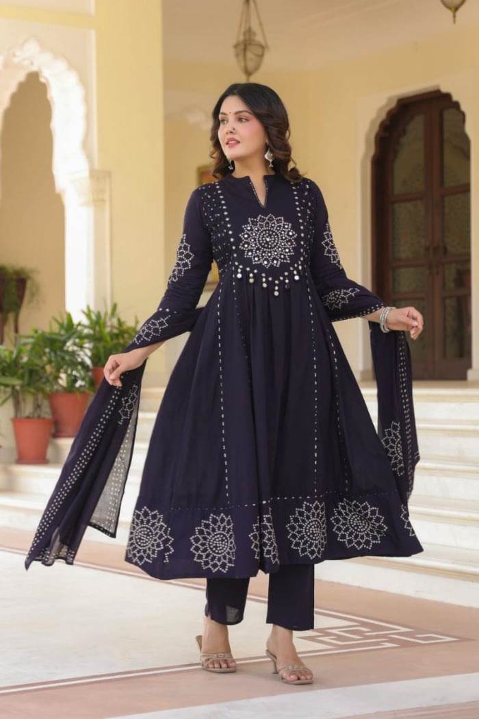 Navy Colour Pure Cotton Kurti Set With Dupatta