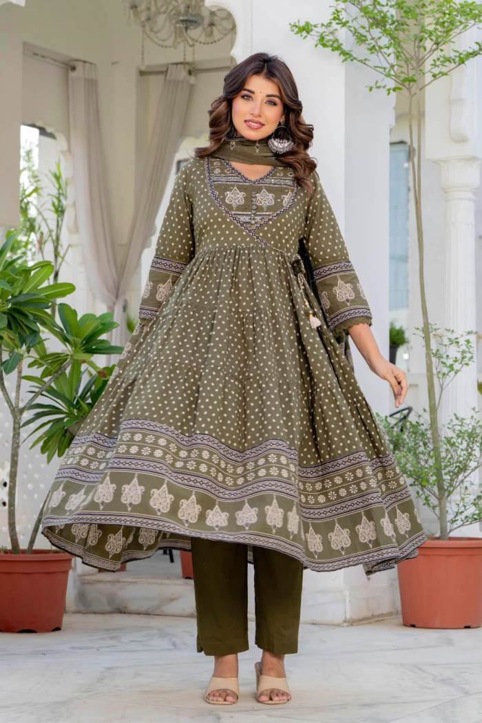 Mehandi Colour Designer Anarkali Style Kurti Set With Dupatta