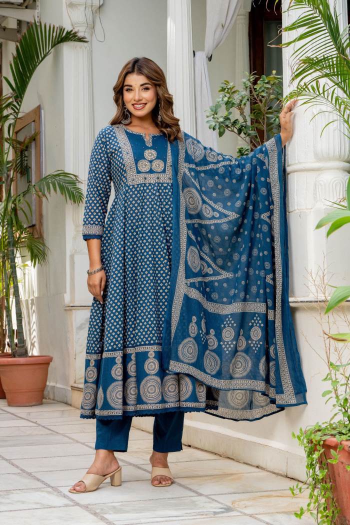 Peacock Colour Pure Cotton Anarkali Style Kurti Set With Dupatta