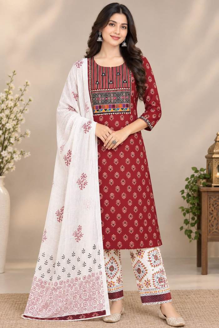 Maroon Colour Pure Cotton Printed Kurti Pent With Dupatta 