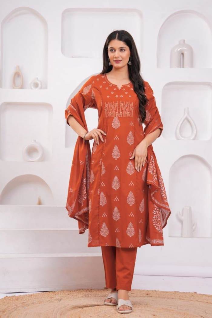Orange Color Casual Collection Cotton Kurti Set