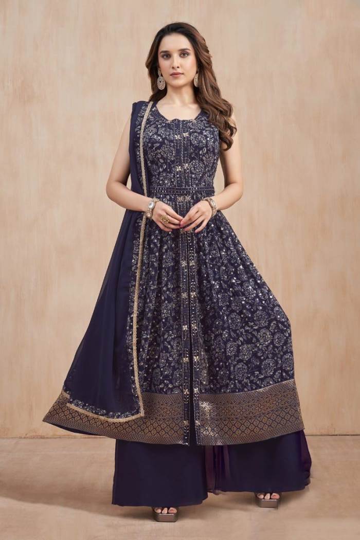 Navy Color Party Wear Designer Indo-Western Plazo Suit