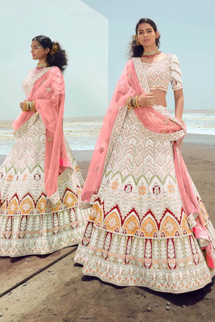 White Color Wedding Wear Designer semi-Stitched Lehenga Choli