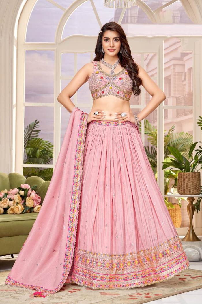 Light Pink Silk Wedding Wear Designer Lehenga Choli 
