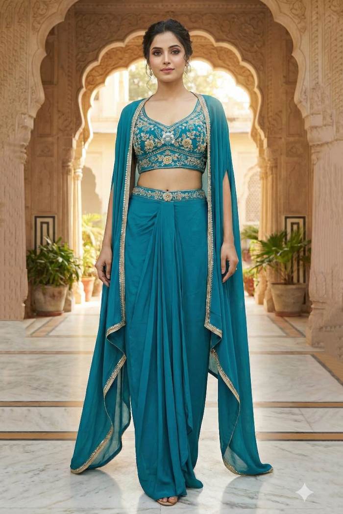 Rama Color Party Wear Designer Skirt Choli with Koti