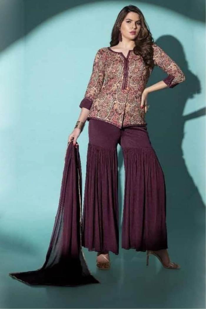 Maroon Color Party Wear Designer Indo-Western Plazo Suit