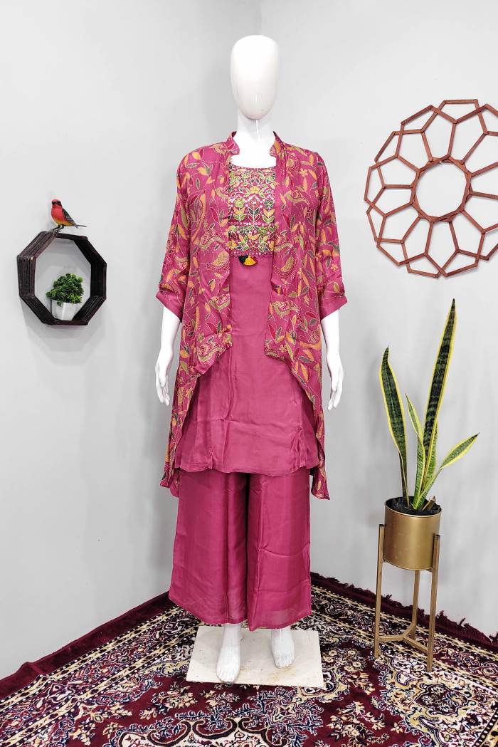 Gajari Color Party Wear Designer Indo-Western Plazo Suit