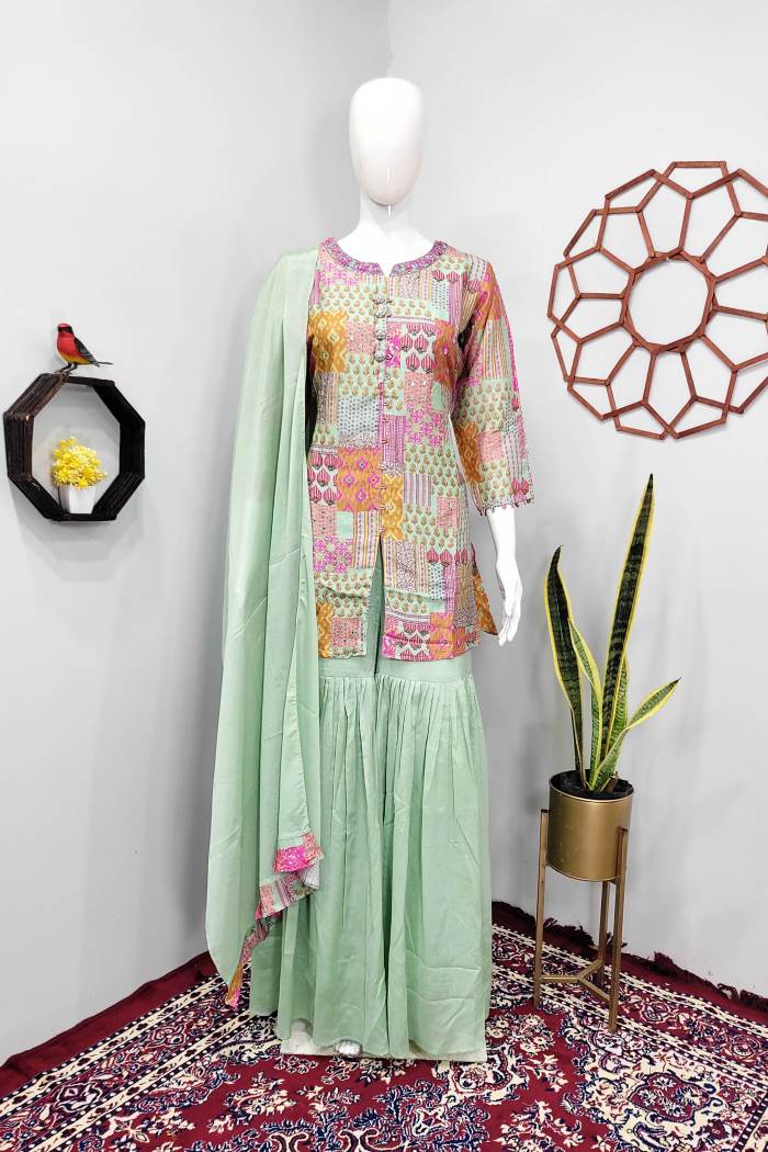 Pista Color Party Wear Designer Indo-Western Plazo Suit